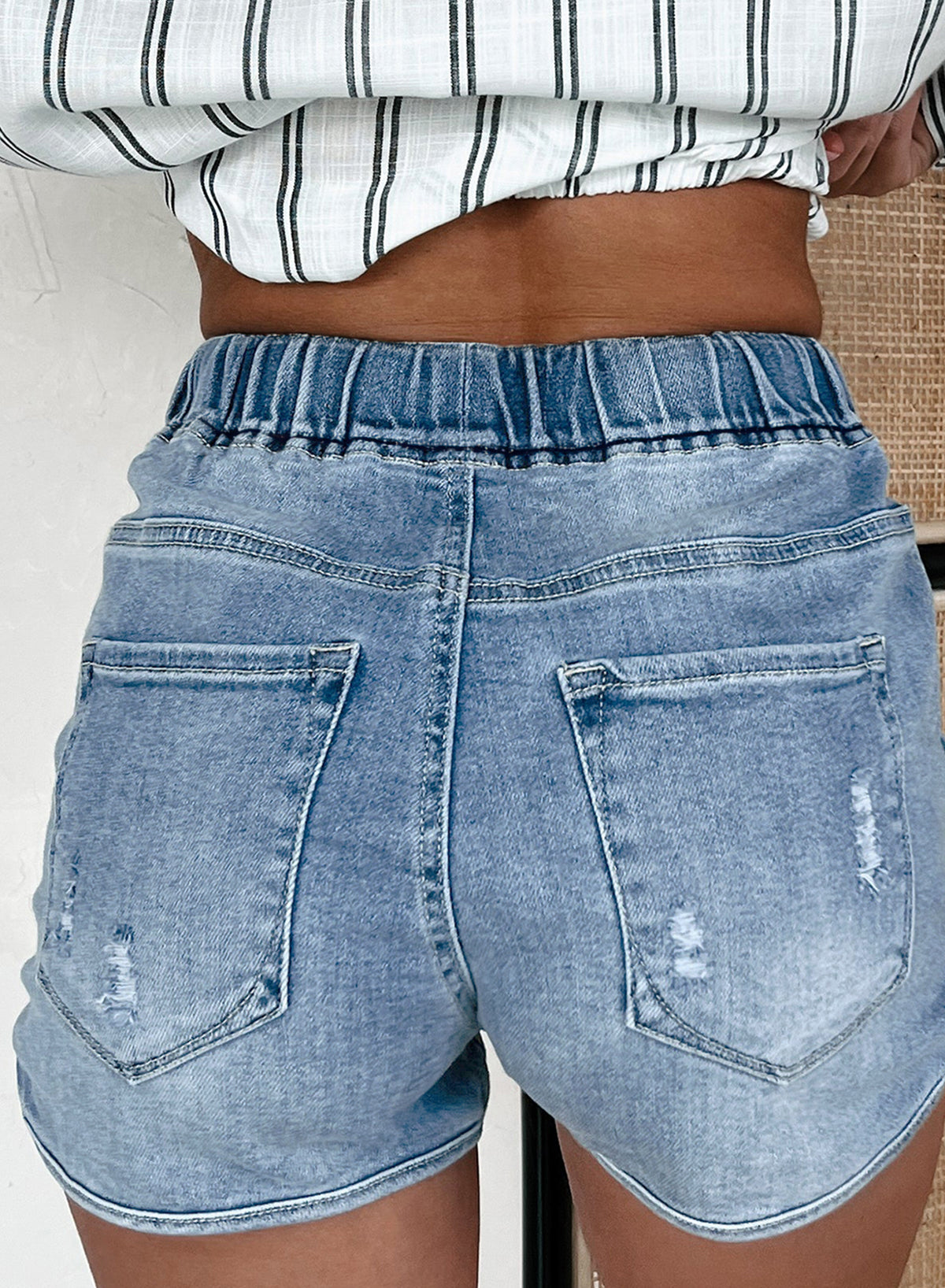 Drawstring High Waist Distressed Denim Shorts