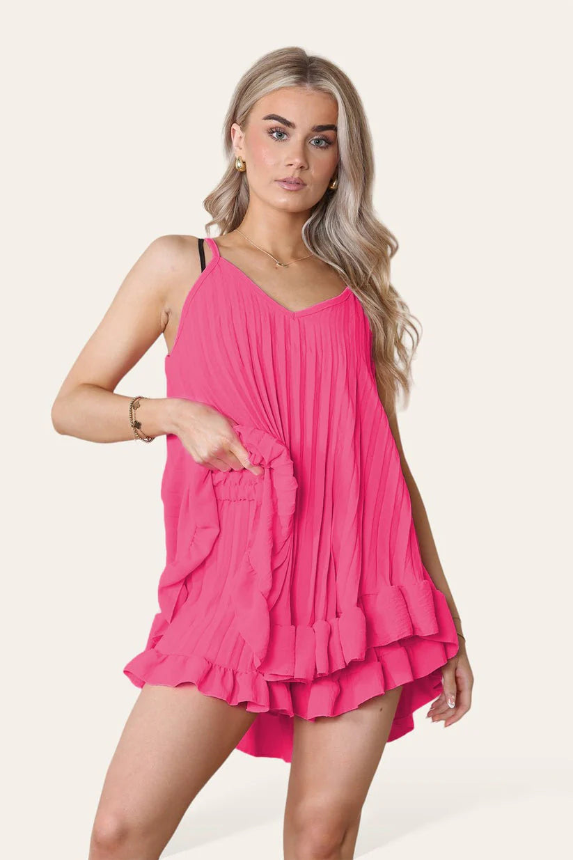 Pleated Frill Hem Top & Matching Frill Shorts Co-Ord Set