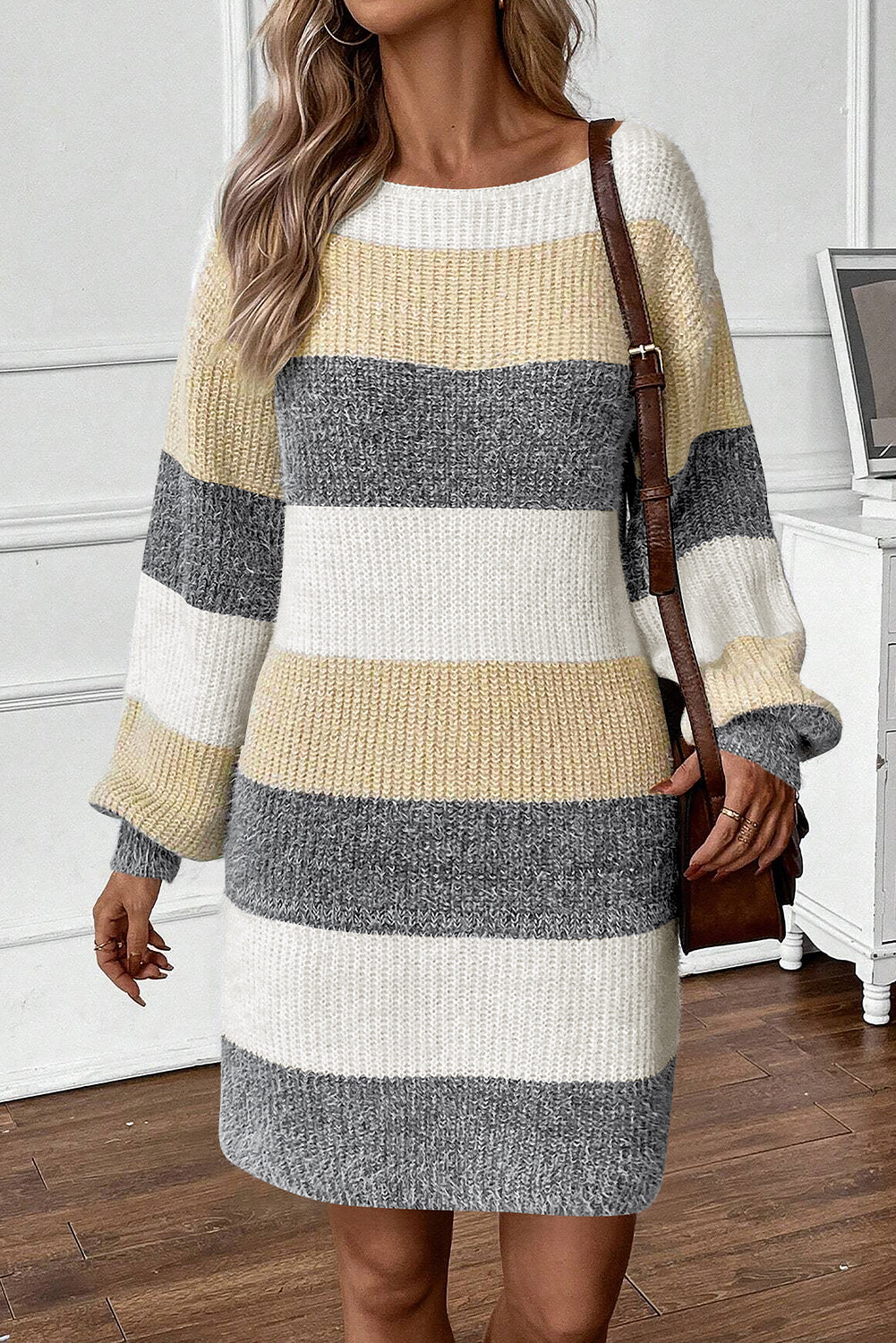 Colorblock Bubble Sleeve Drop Shoulder Sweater Dress