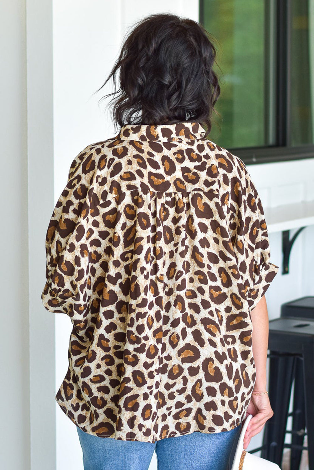 Plus Size Leopard Print Short Sleeve Buttoned Shirt