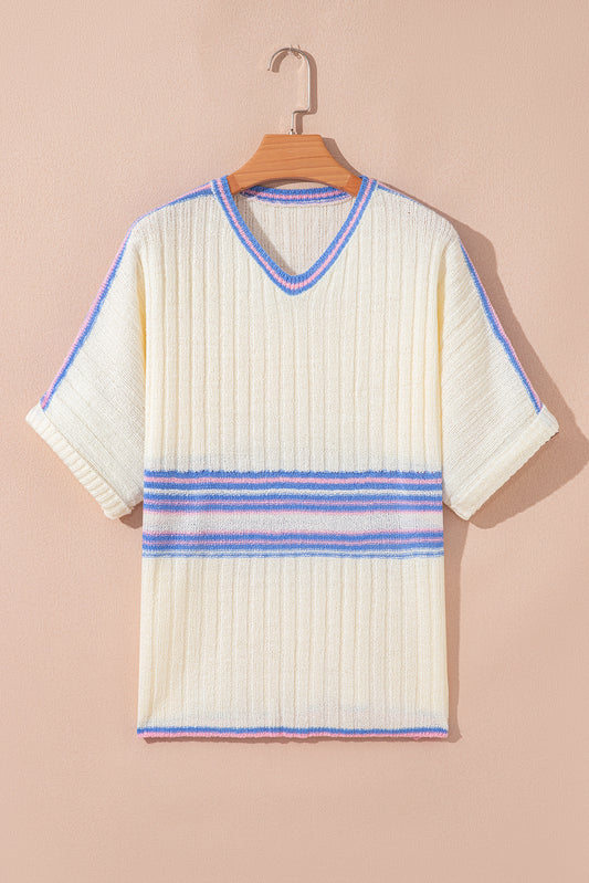 Striped V Neck Dolman Sleeve Rib Knit Oversized Sweater with Slits