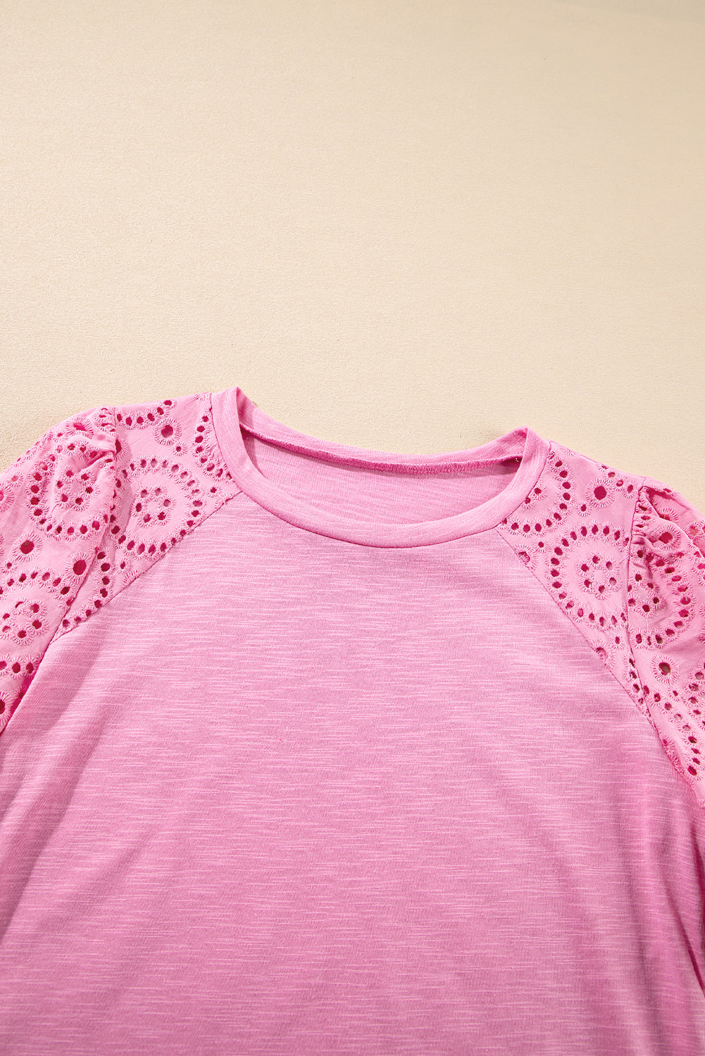 Eyelet Embroidery Scalloped Sleeve Round Neck T Shirt