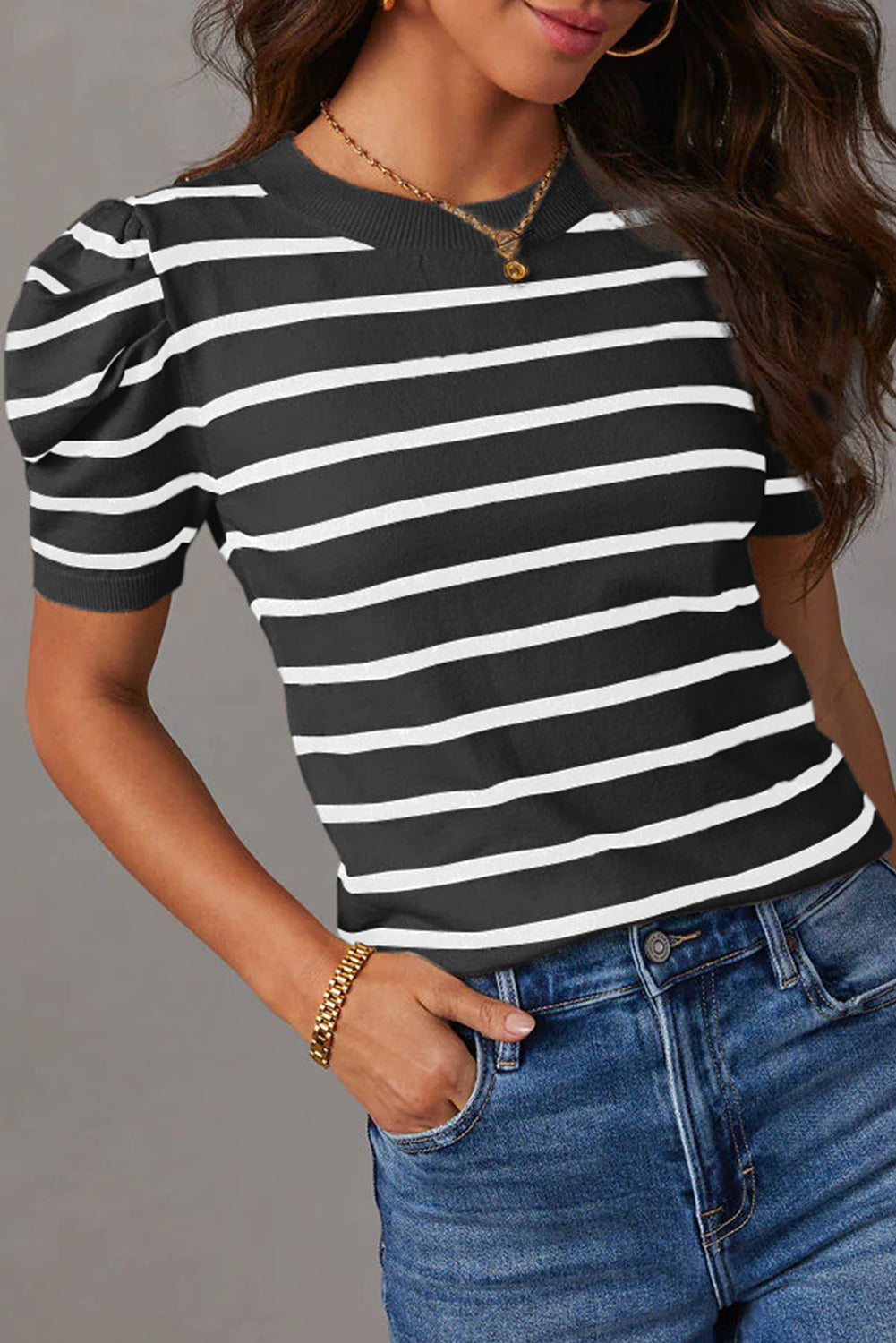 Ribbed Trim Round Neck Bubble Sleeve Knitted Top