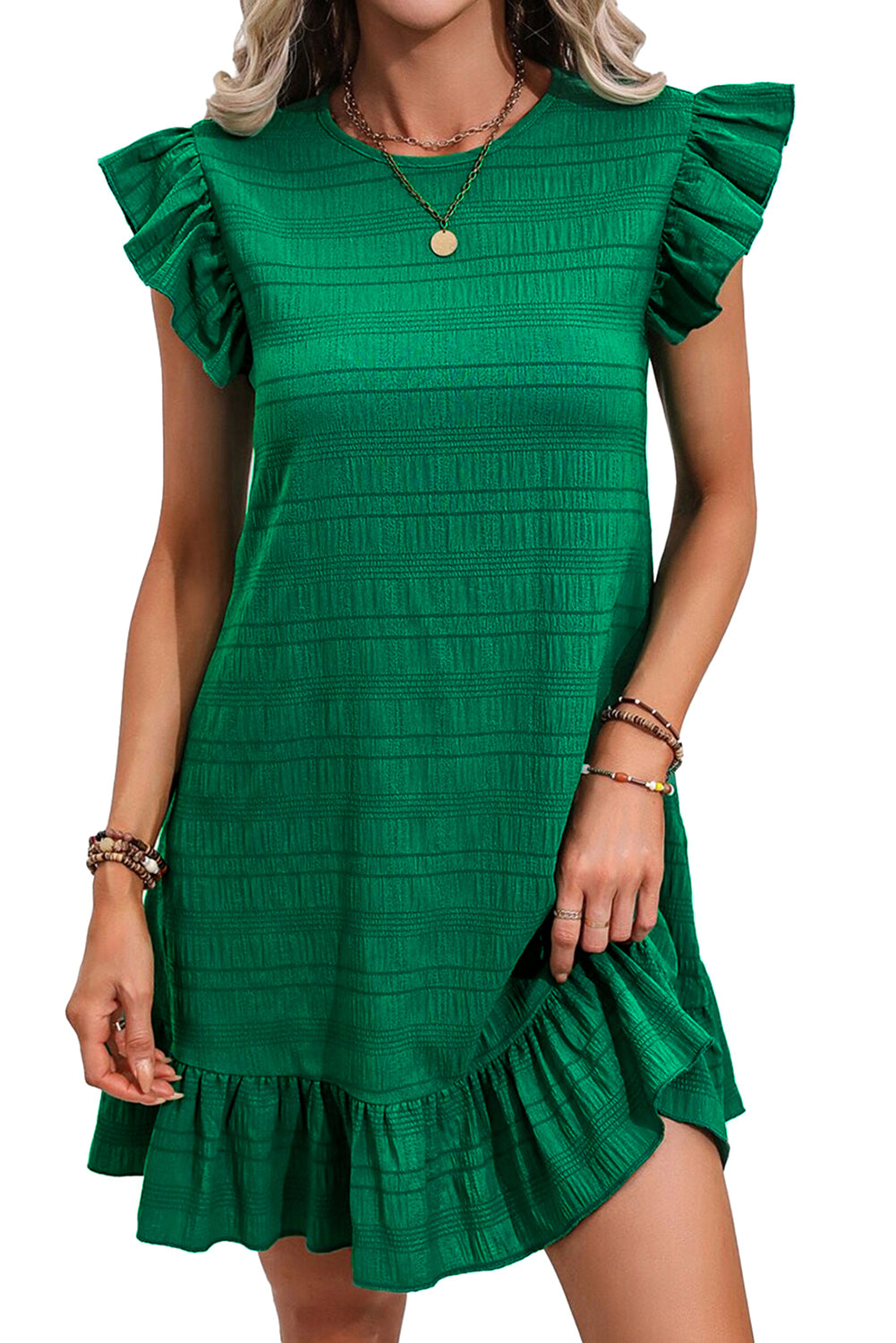 Textured Flutter Sleeve Ruffled Mini Dress