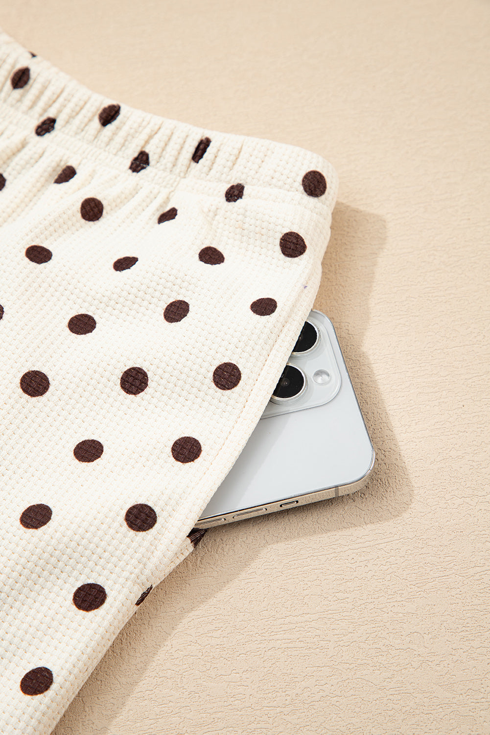 Polka Dot Print Notched Neck Long Sleeve Top Drawstring Jogger Pants Waffle Knit Lounge Set