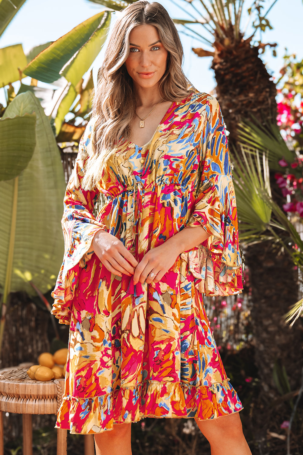 Print Flared Sleeve Ruffled Hem Tunic High Waist Flowy Dress