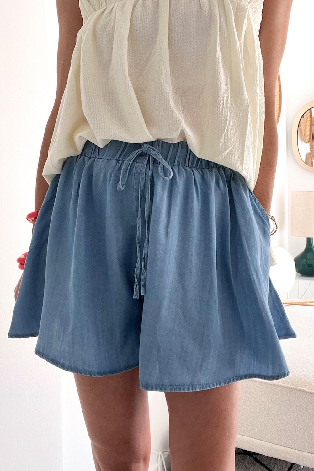 Drawstring Elastic Waist Wide Leg Denim Shorts