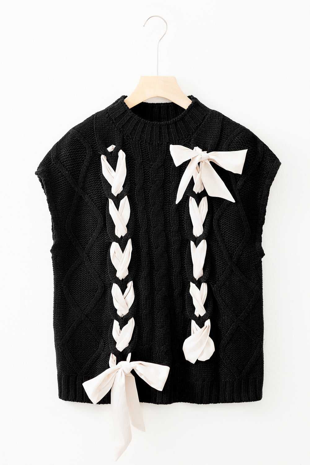 Cable Knit Colorblock Satin Bowknot Short Sleeve Sweater