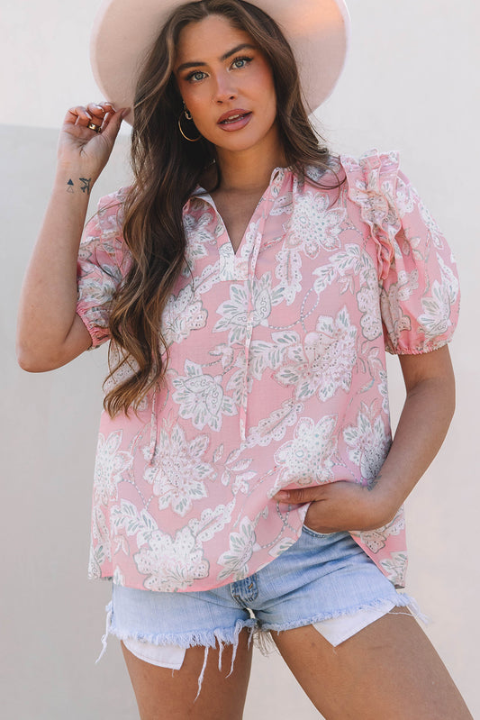 Floral Print Drawstring V Neck Puff Sleeve Loose Blouse
