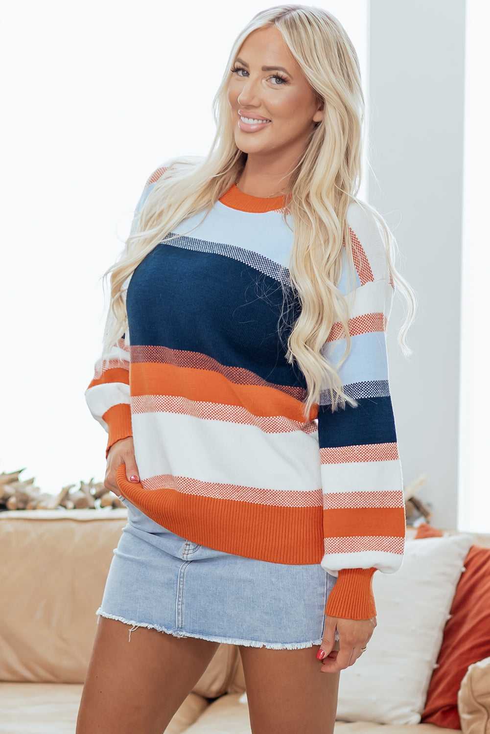 Color Block Round Neck Tunic Sweater