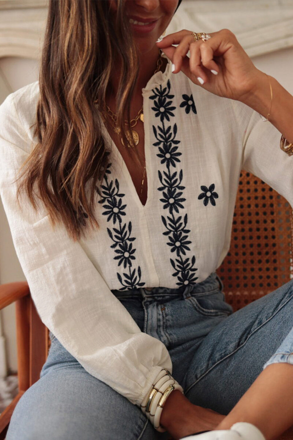 Floral Embroidered Frilled V Neck Puff Sleeve Blouse