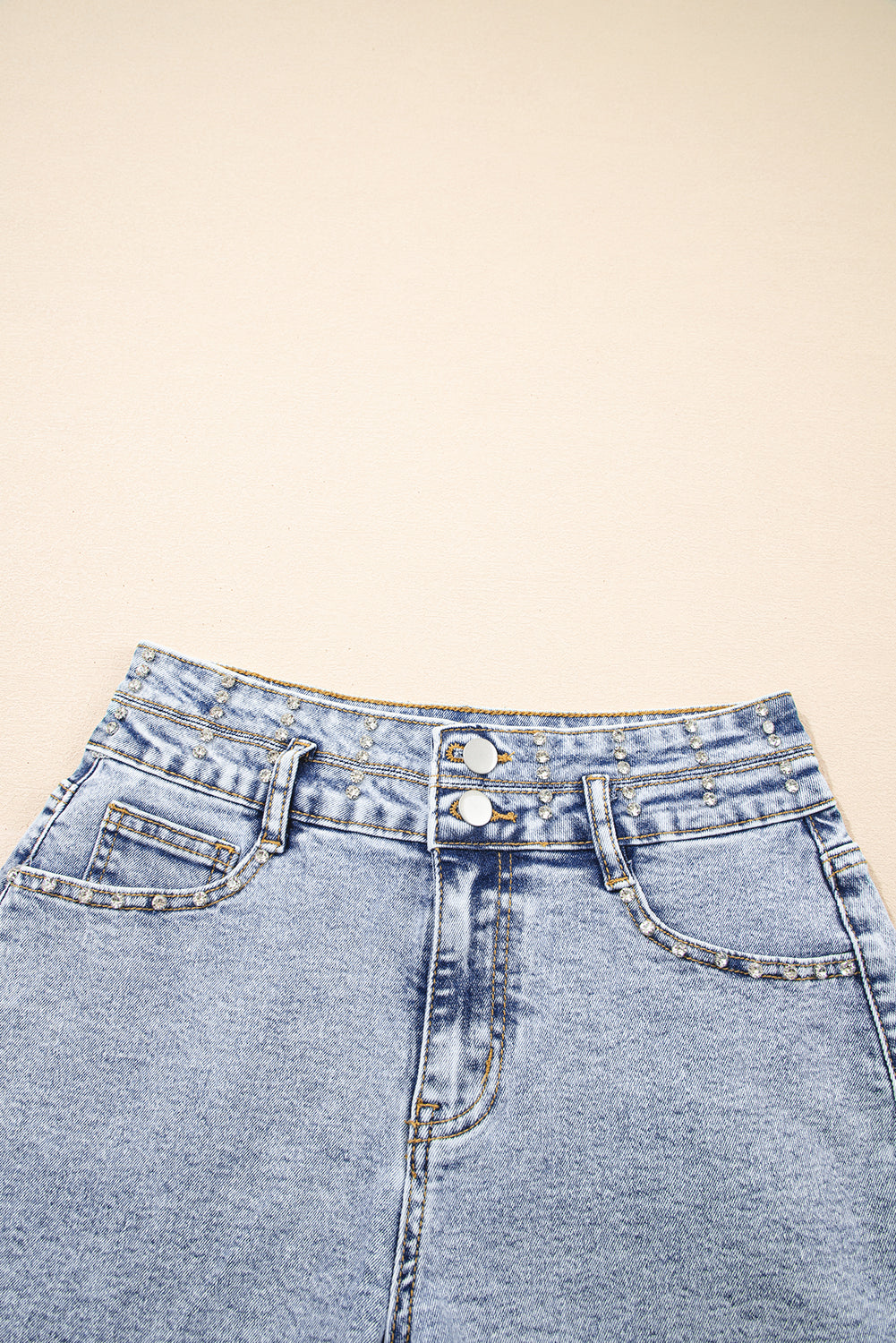 Rhinestone Light Wash Raw Hem High Waist Denim Shorts