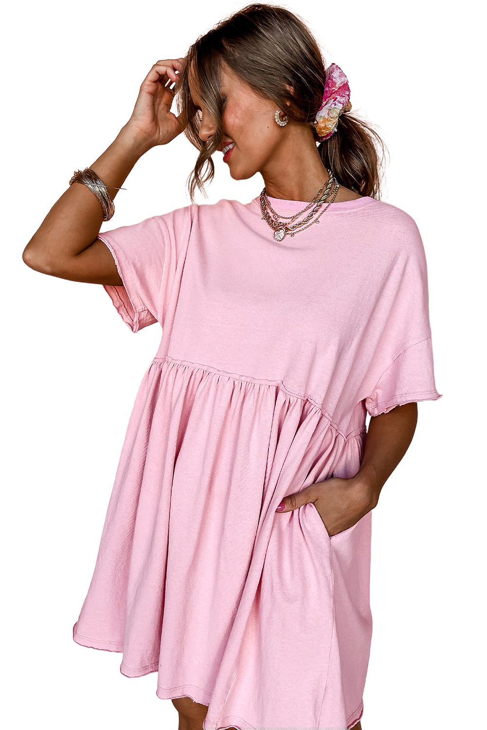 Solid Color Pocketed Raw Edge Babydoll Dress