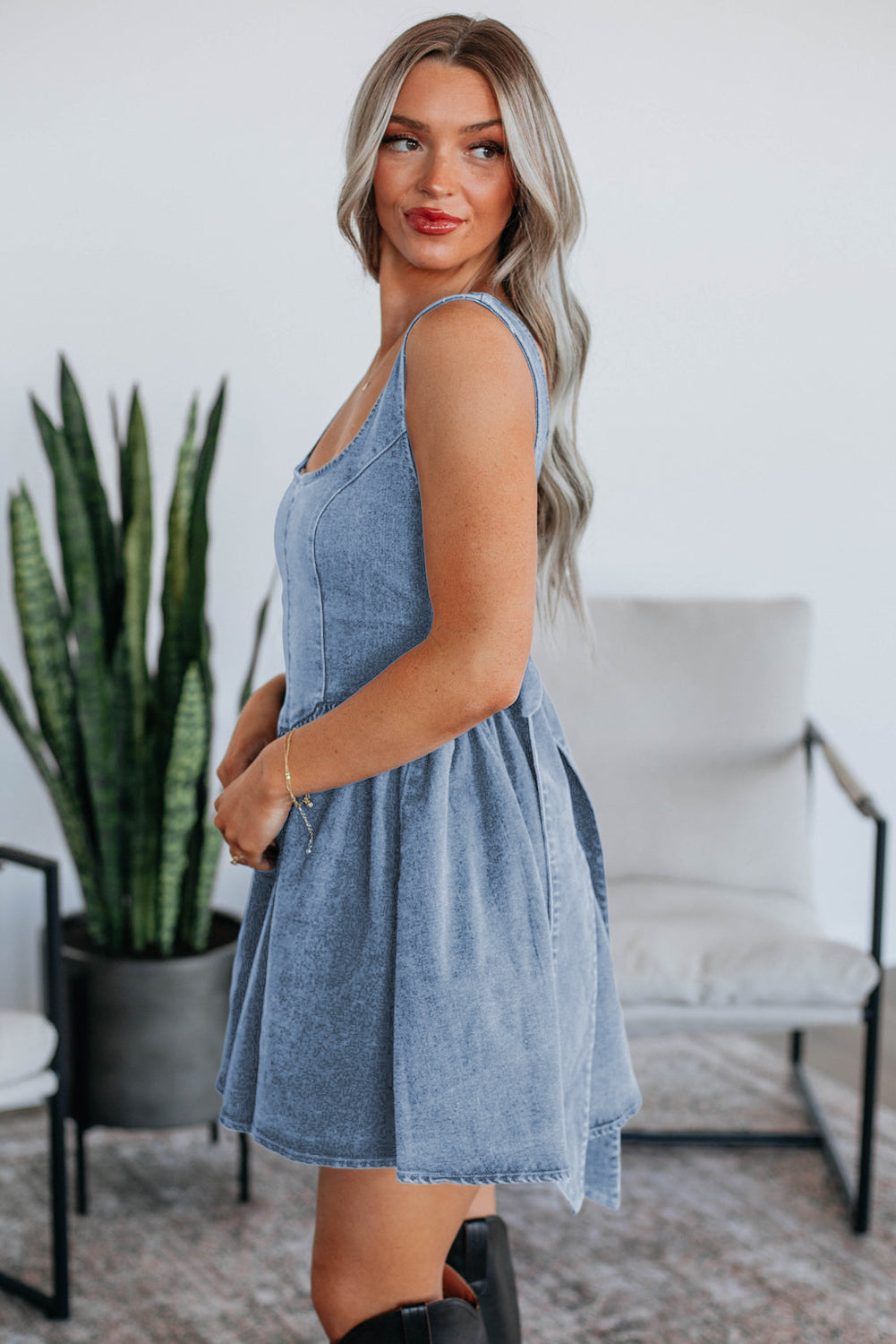 Square Neck Bowknot A-line Sleeveless Denim Dress