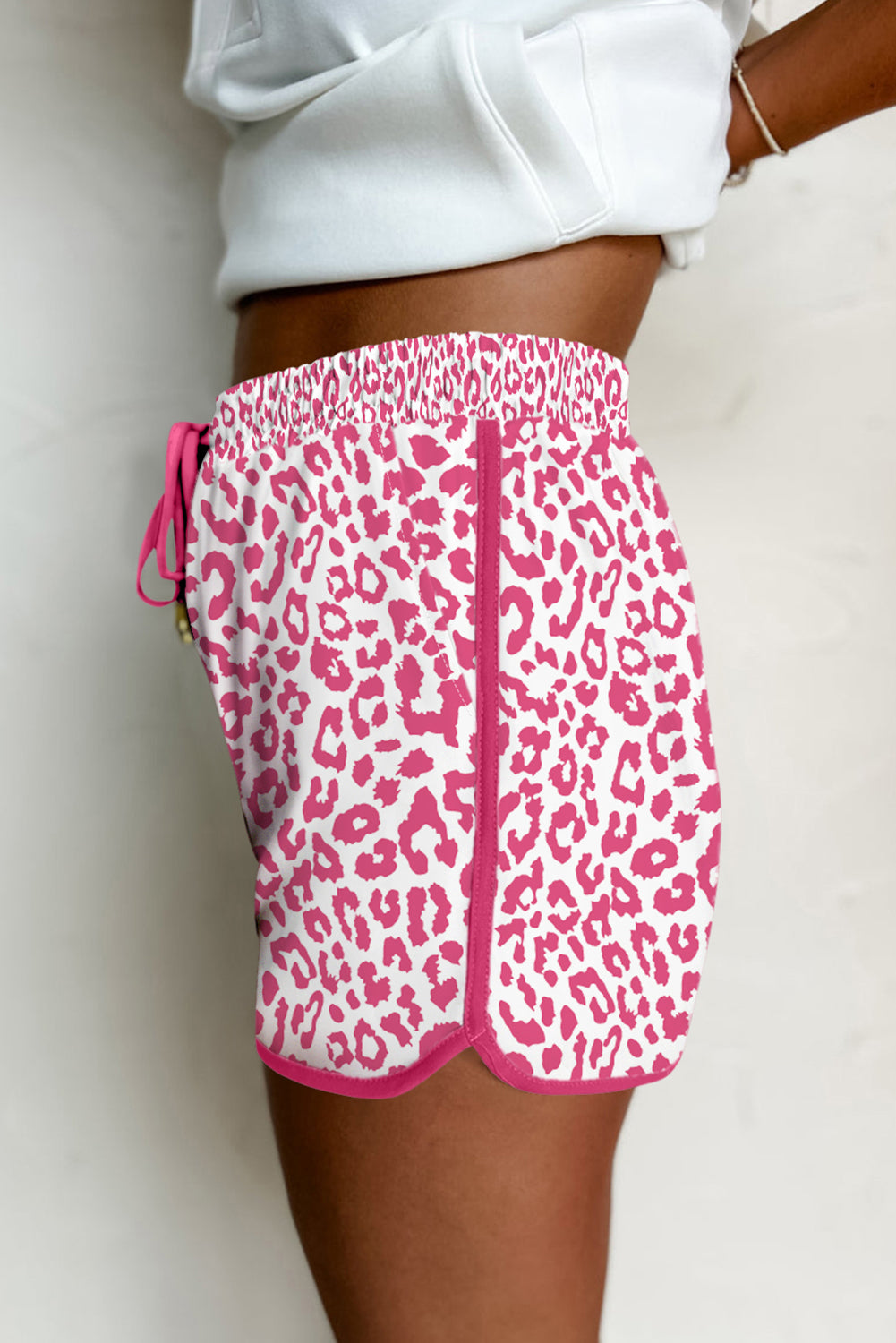 Leopard Elastic Waist Lace up Contrast Trim Casual Shorts
