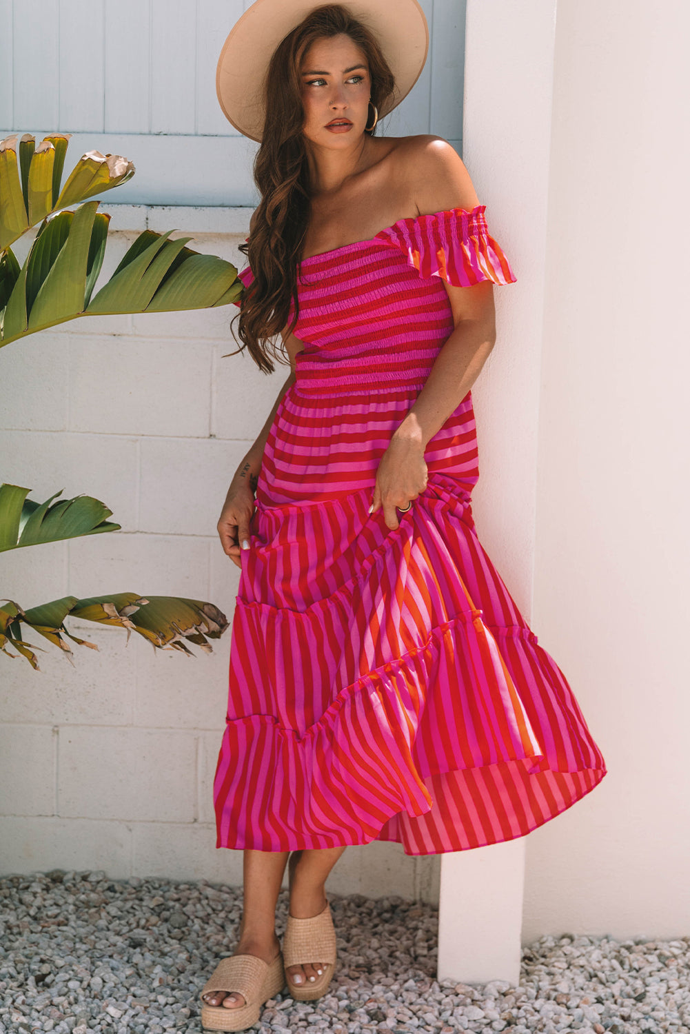 Stripe Flutter Sleeve Smocked Bodice Tiered Maxi Dress