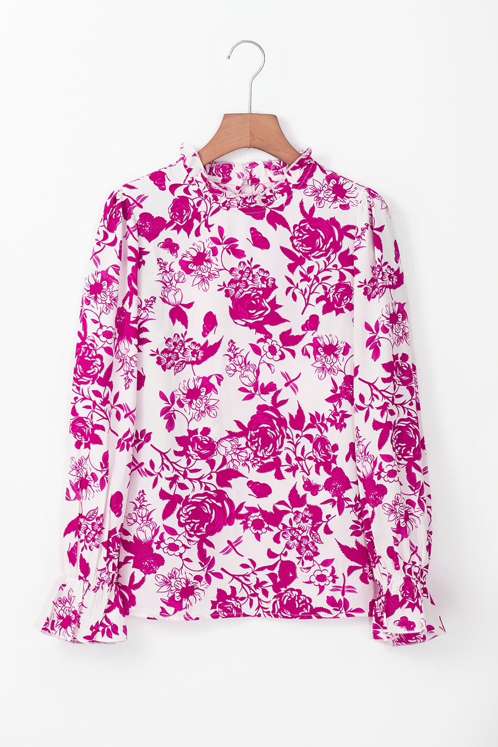 Floral Print Flounce Sleeve Keyhole Back Blouse