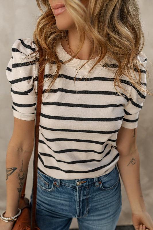 Ribbed Trim Round Neck Bubble Sleeve Knitted Top