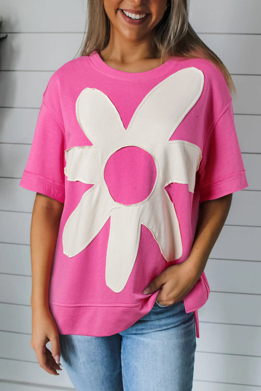 Contrast Flower Drop Shoulder Loose T Shirt