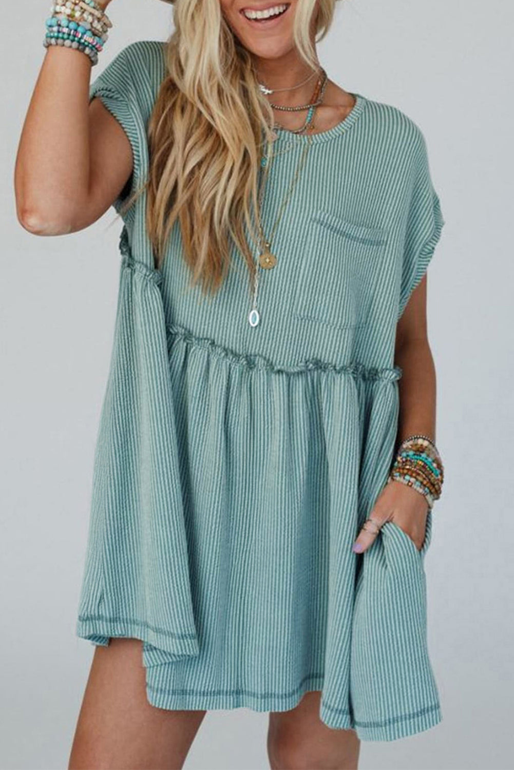 Corded Knit Textured Patched Pocket Frilled Swing Mini Dress with Pockets