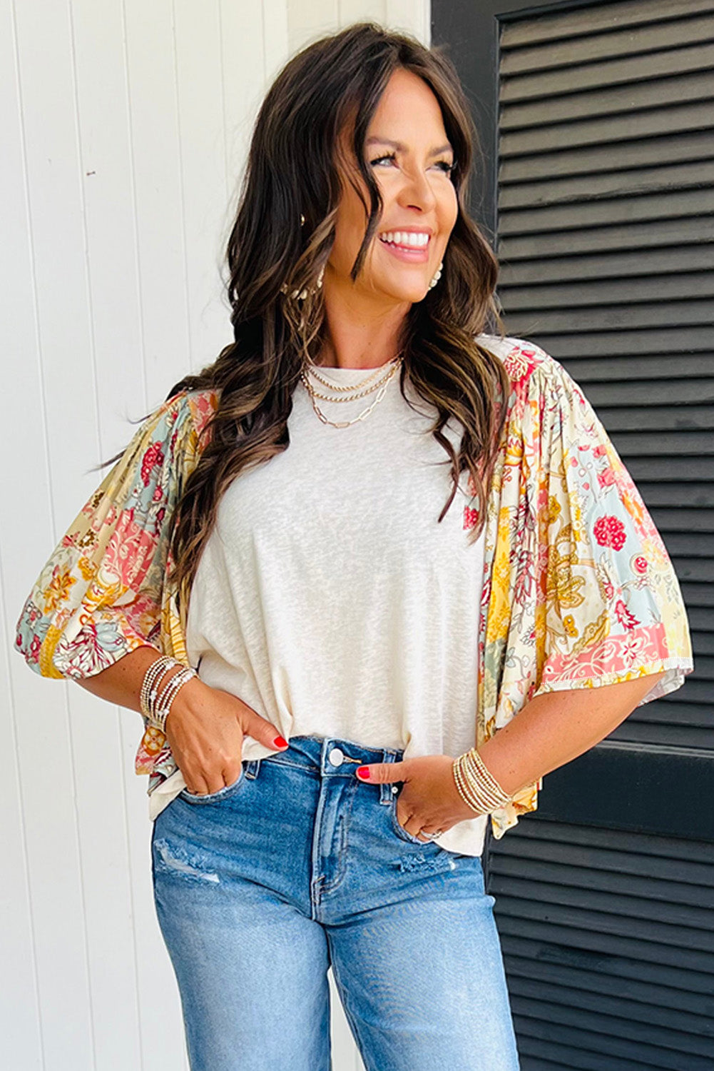 Floral Patchwork Half Batwing Sleeve Blouse