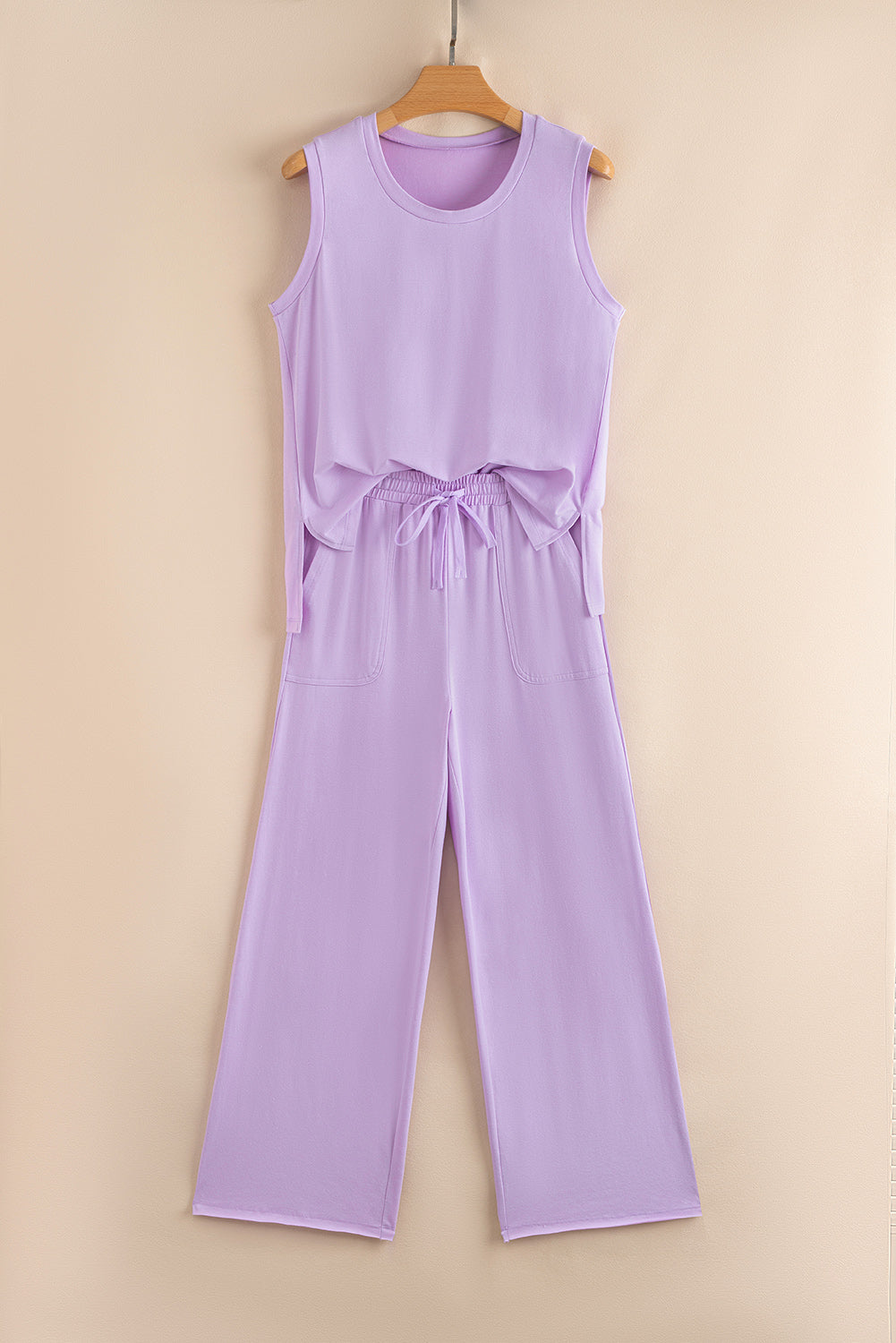 Mineral Wash Casual Round Neck Tank and Straight Loose Drawstring Pants Set