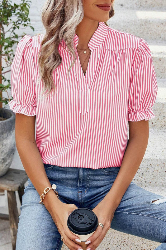 Stripe Notched Neck Frilled Short Puff Sleeve Blouse
