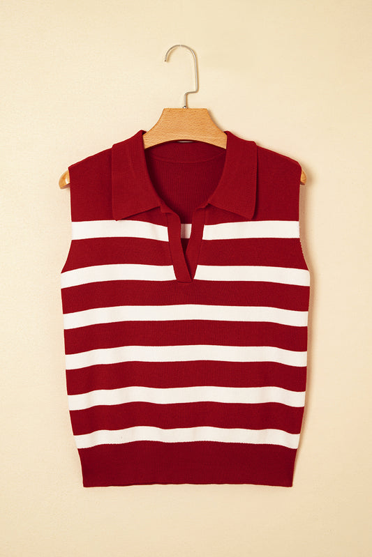 Stripe Collared Split Neck Sweater Vest