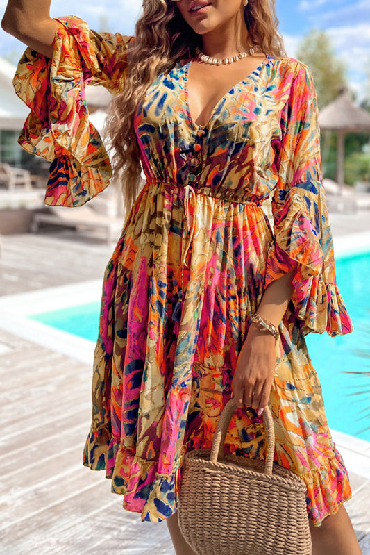 Print Flared Sleeve Ruffled Hem Tunic High Waist Flowy Dress