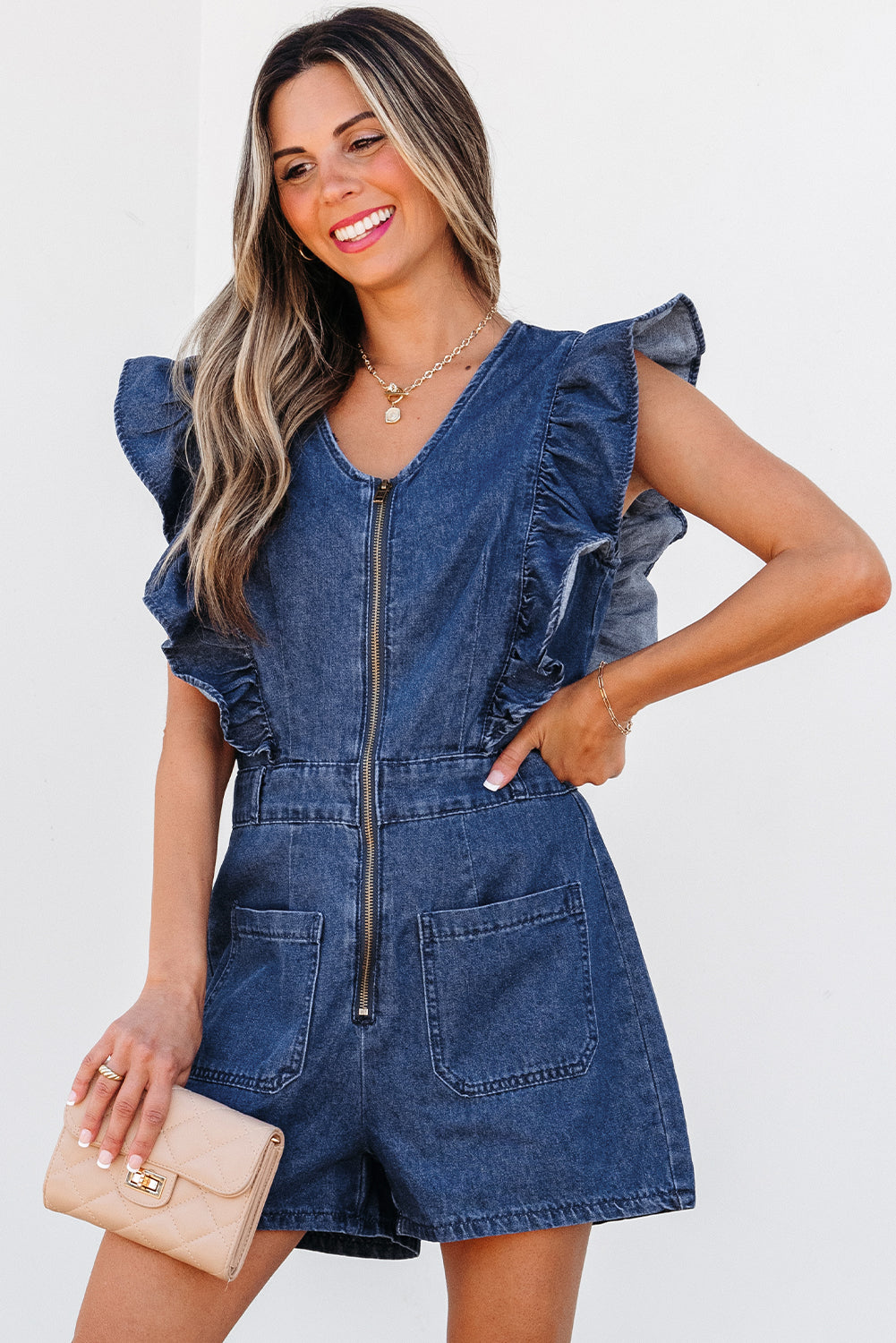 Denim Ruffled Zipped Front Belted Romper