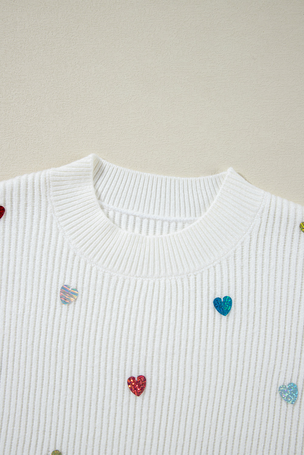 Sequin Heart Shape Waffle Knit Round Neck Sweater