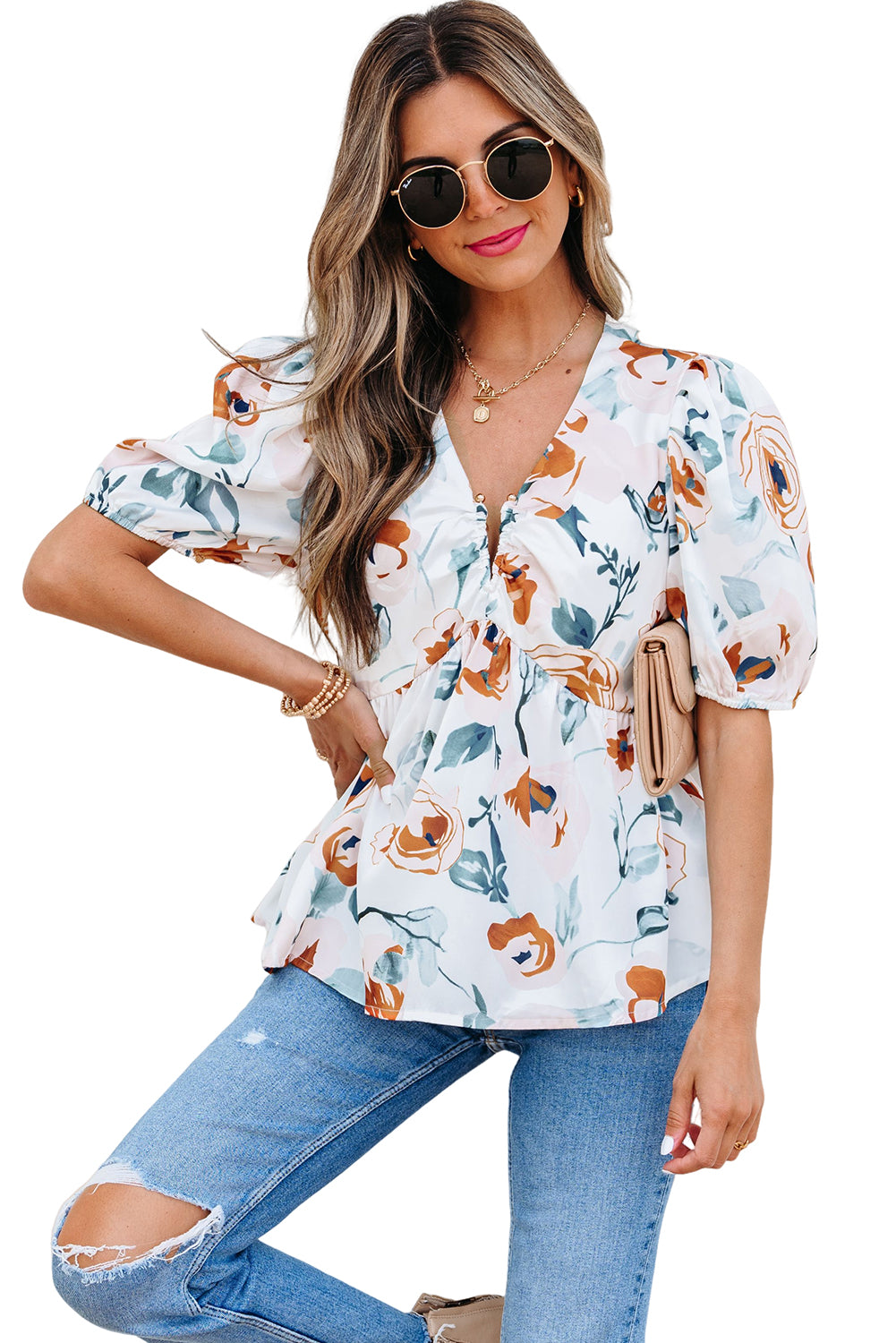 Floral Print Puff Sleeve V Neck Babydoll Blouse