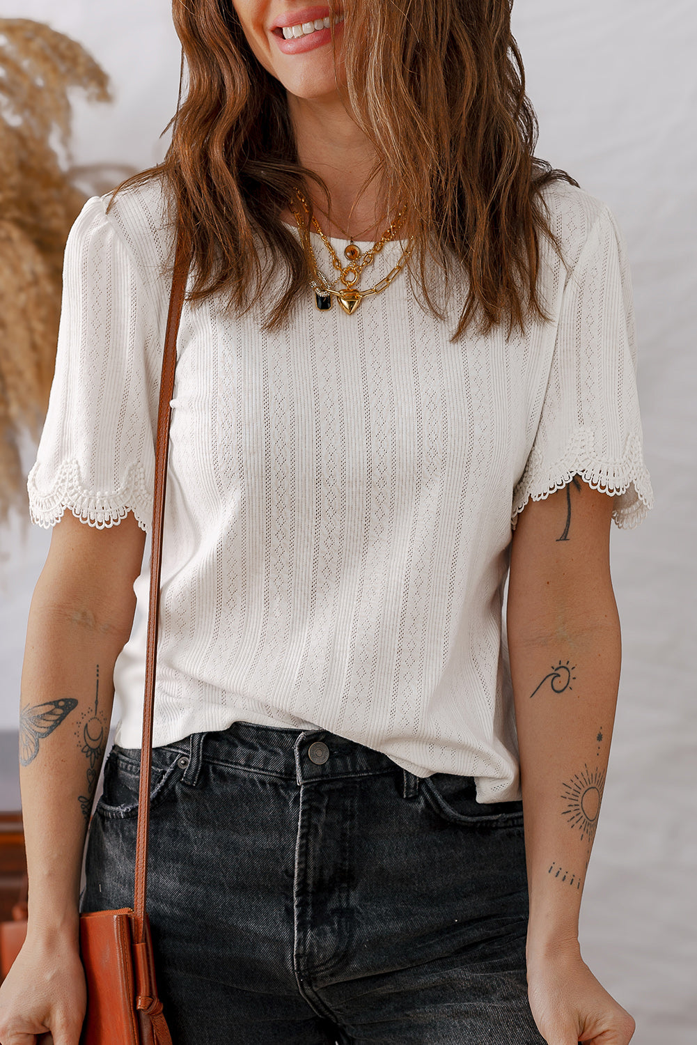 Scalloped Lace Trim Jacquard Textured T Shirt