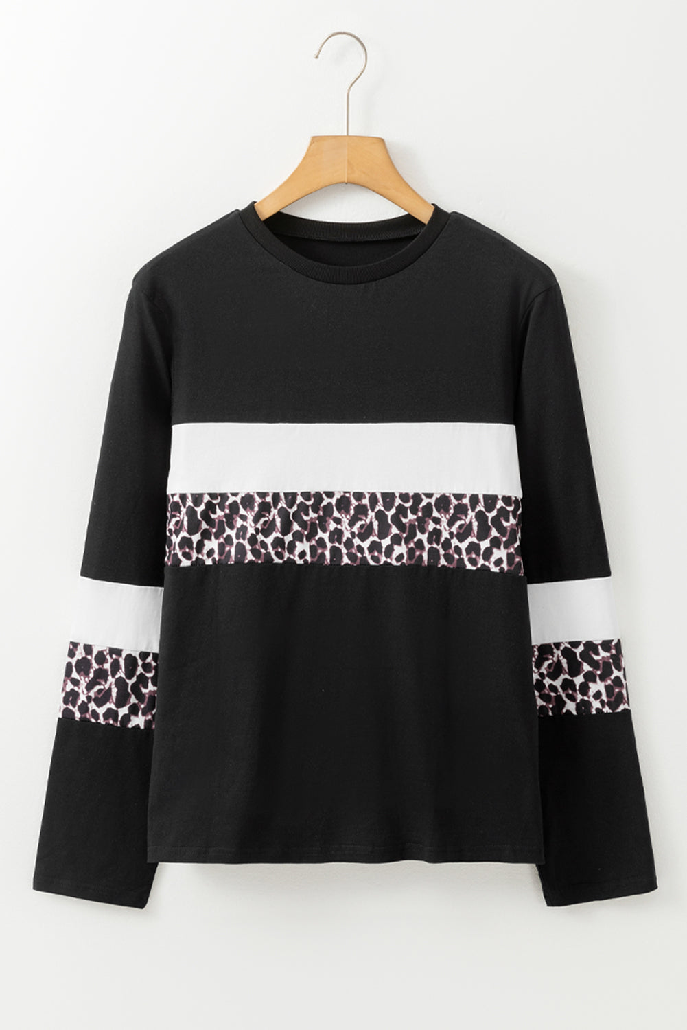 Leopard Colorblock Patchwork Crew Neck Long Sleeve Tee