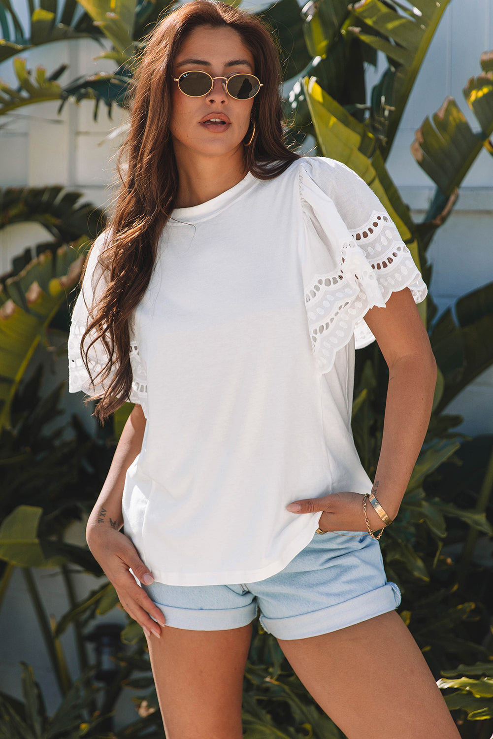 Hollow Out Embroidered Short Sleeve O Neck Top