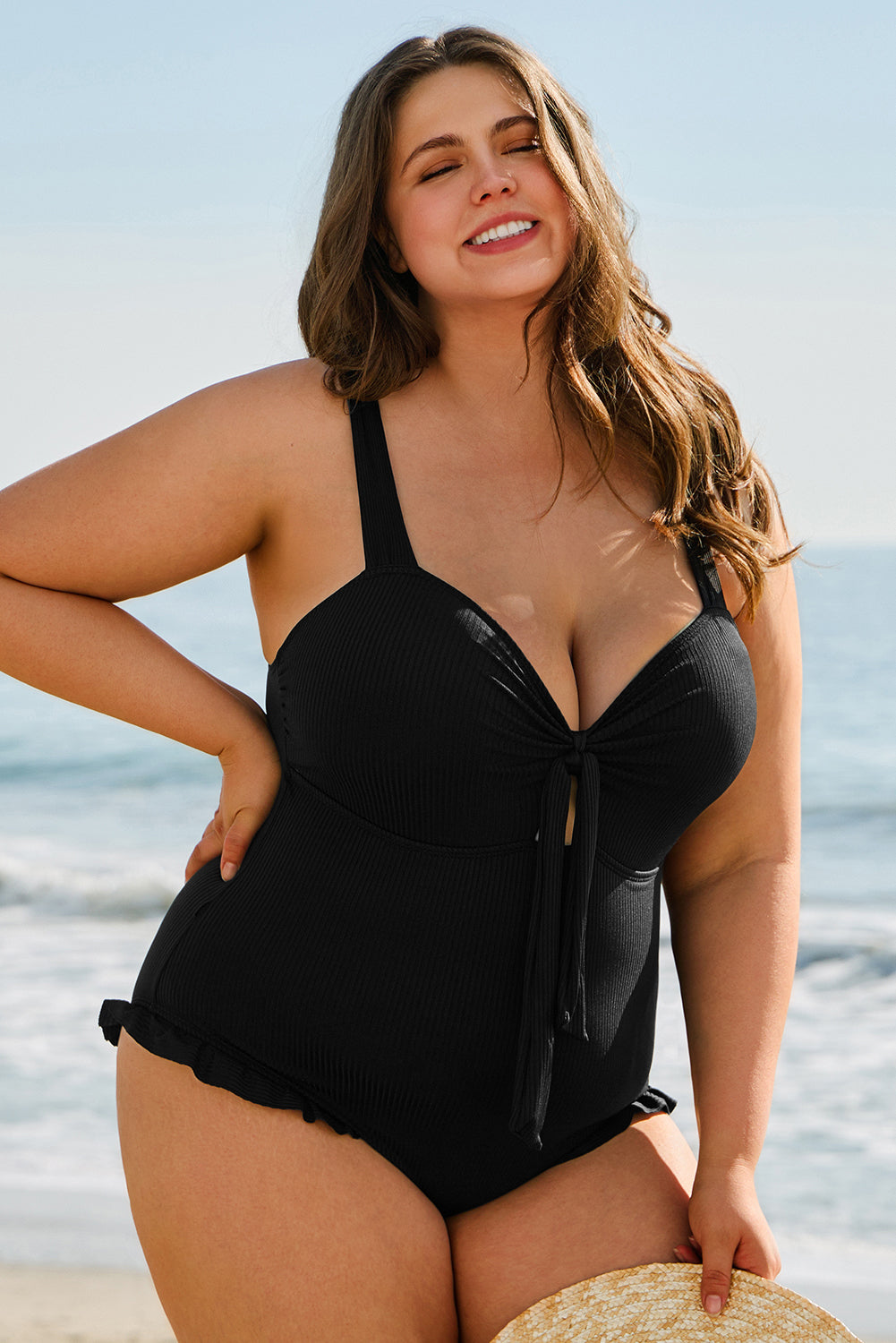 Plus Size Textured Knotted Ruffled Trim One Piece Swimwear