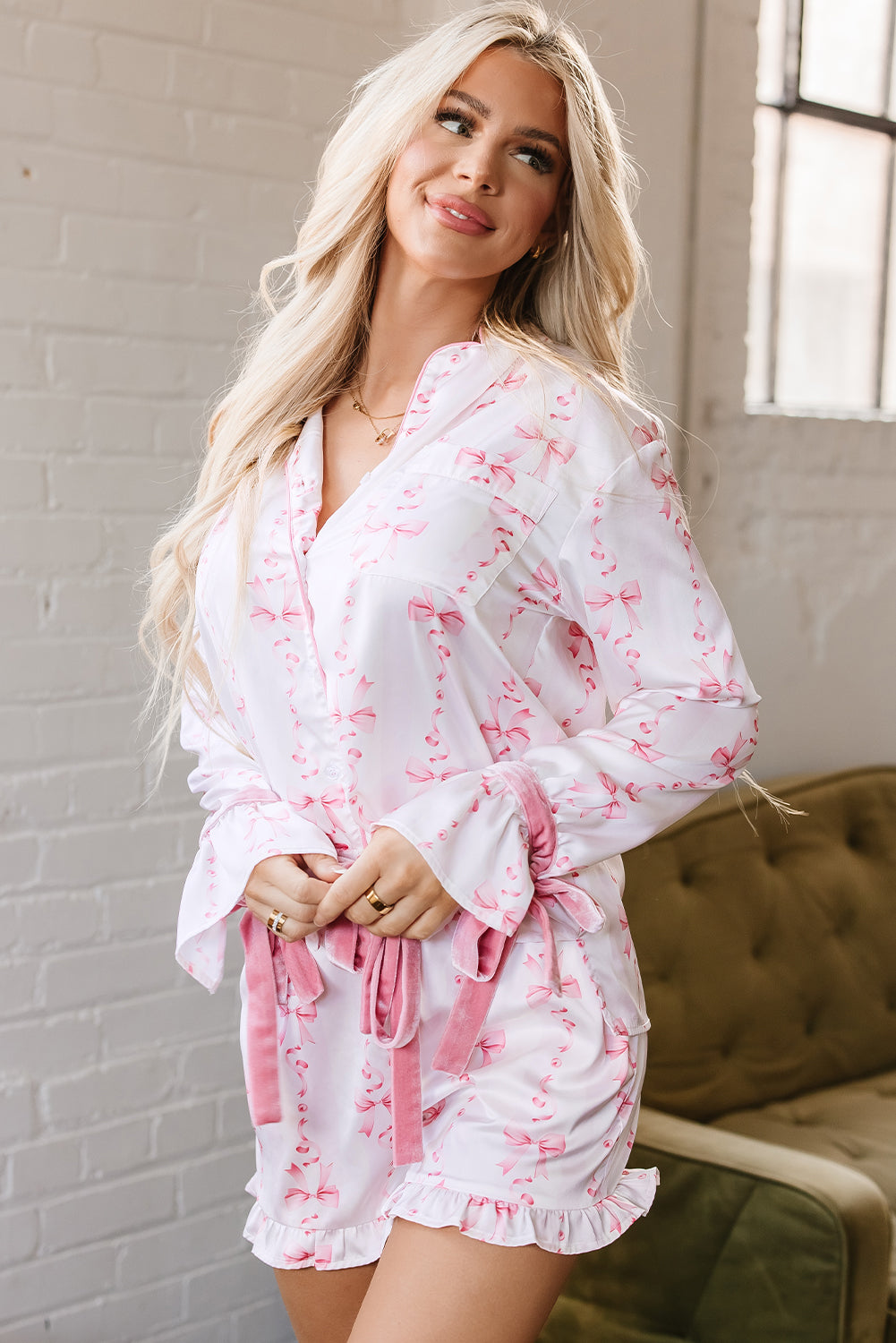 Satin Bow Bell Sleeve Shirt and Ruffled Shorts Pajama Set