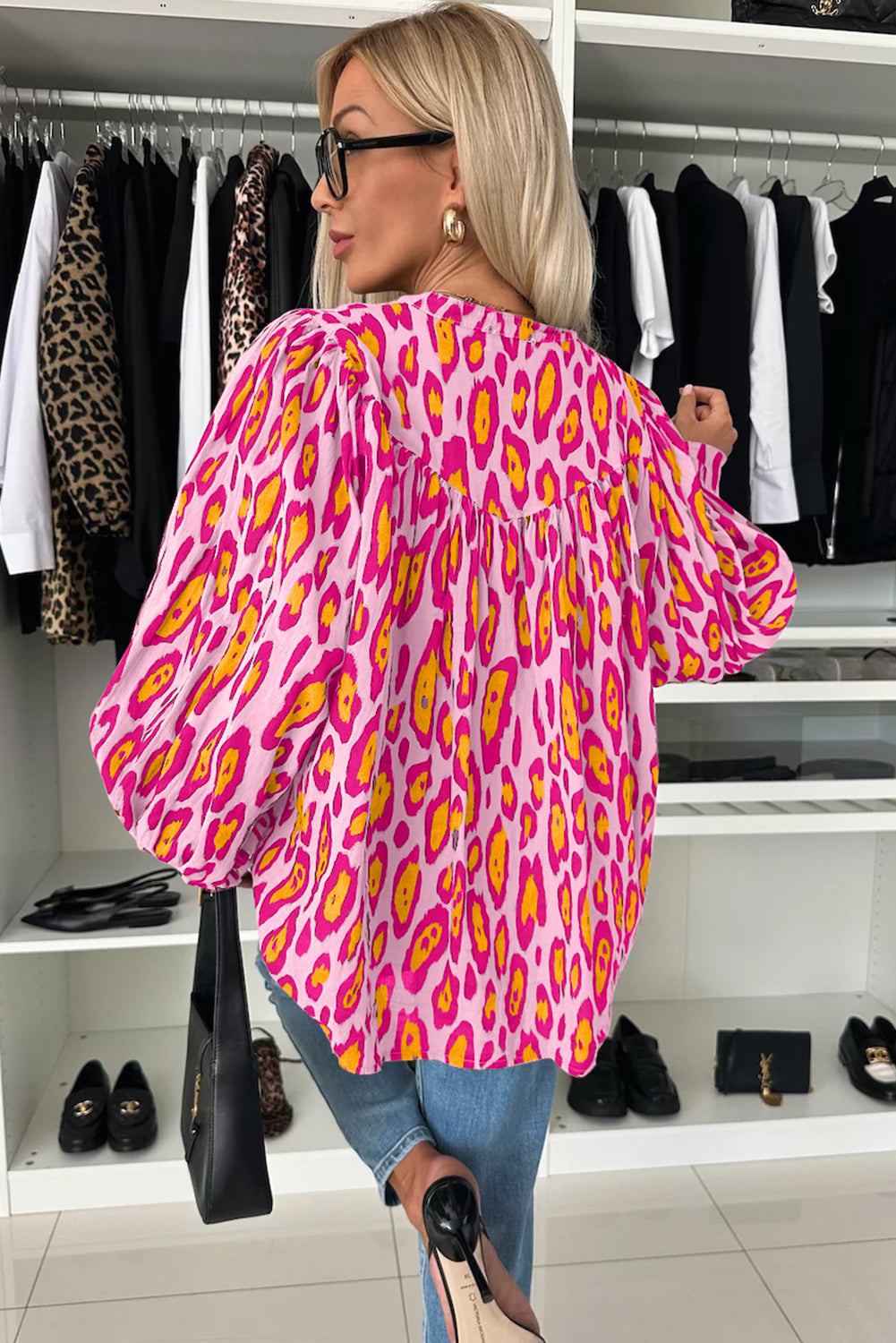 Oversized Leopard Print Balloon Sleeve Casual Shirt