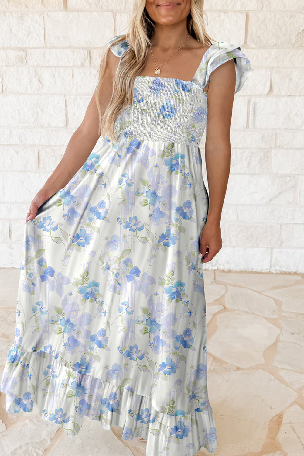 Floral Smocked High Waist Double Ruffle Sleeveless Long Dress