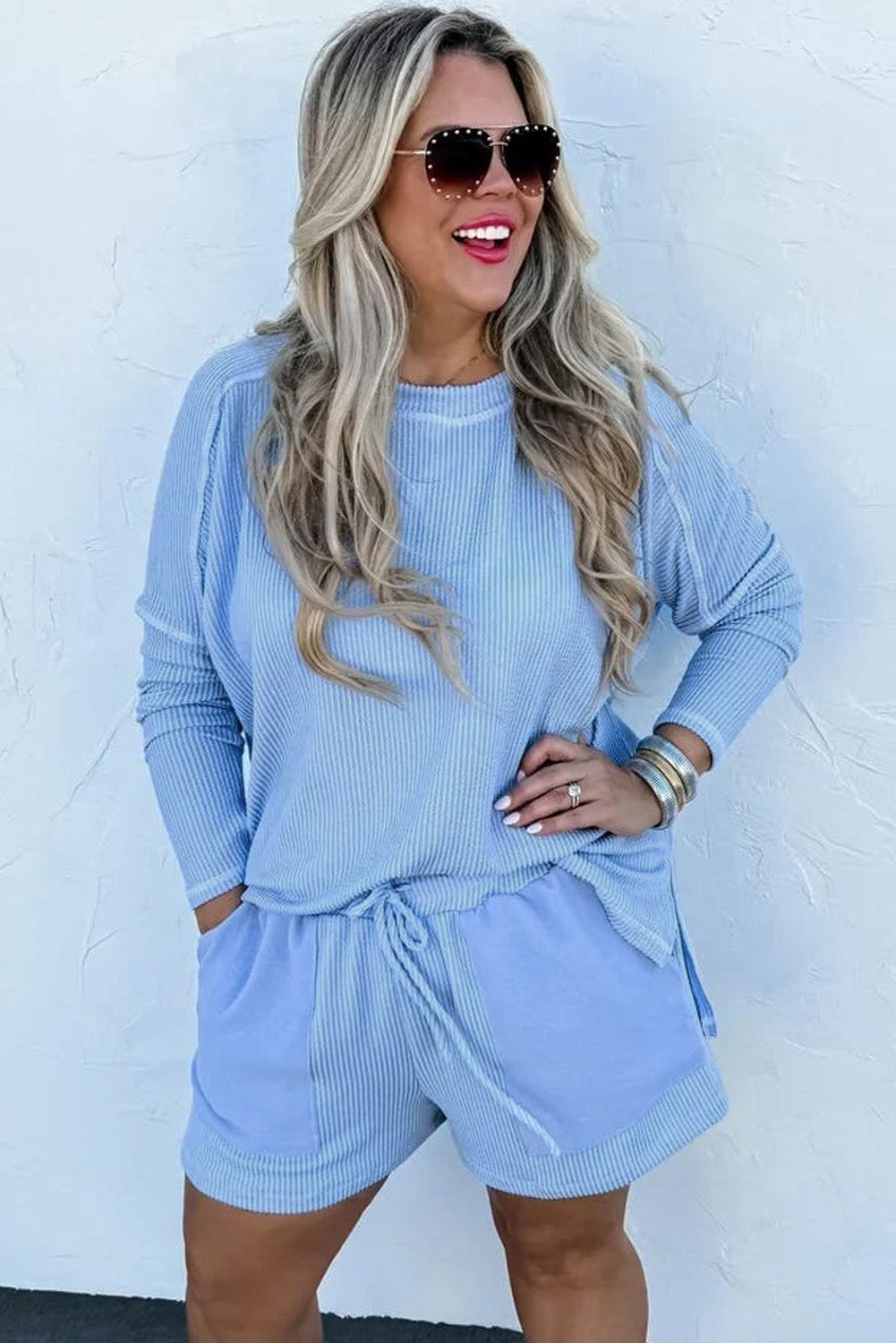 Plus Size Ribbed Long Sleeve Top and Drawstring Shorts Set