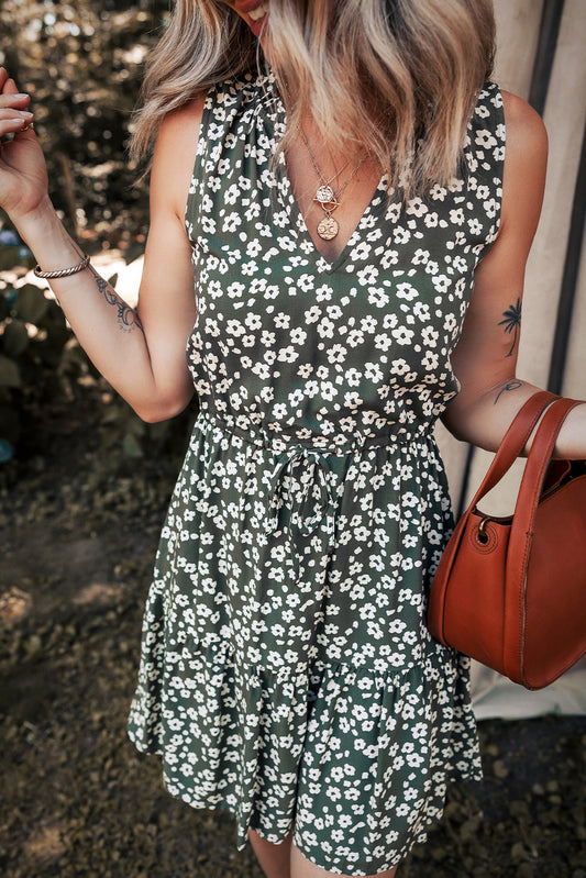 Boho Floral Print V Neck Tunic Sleeveless Dress