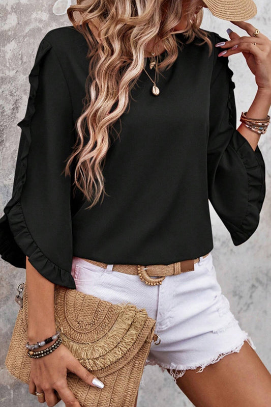 Ruffle Trimmed 3/4 Sleeve Round Neck Blouse