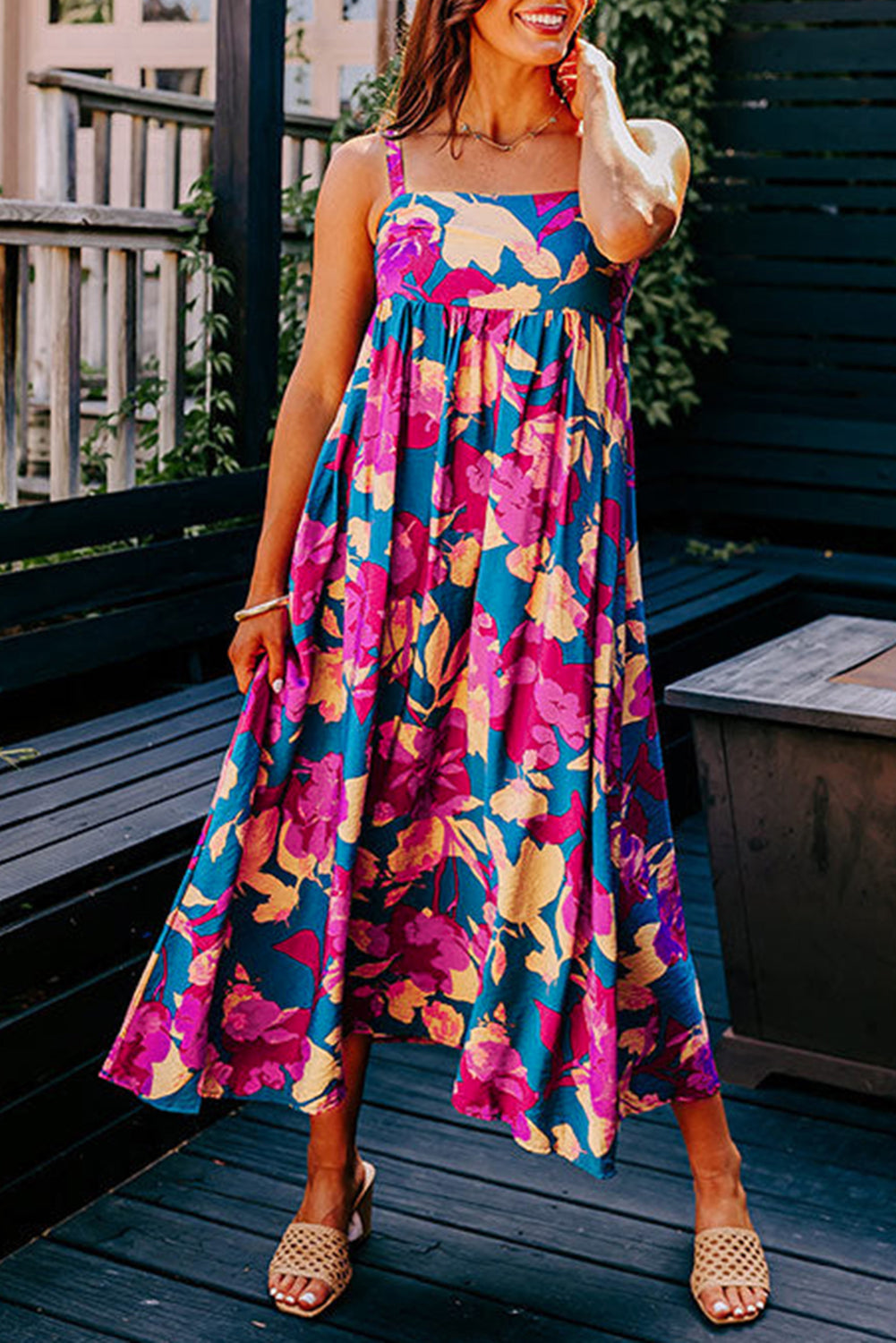 Floral High Waist Sleeveless Flared Long Dress