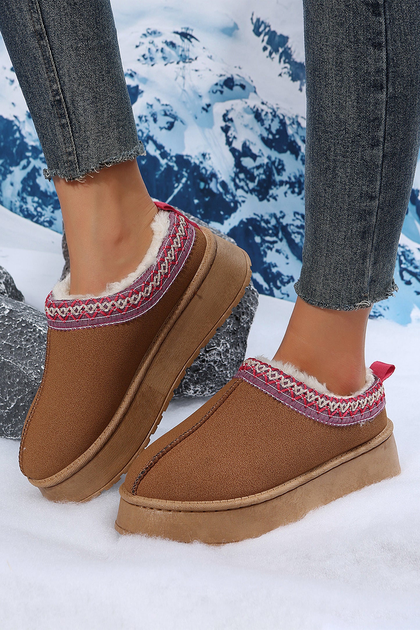 Contrast Print Suede Plush Lined Snow Boots