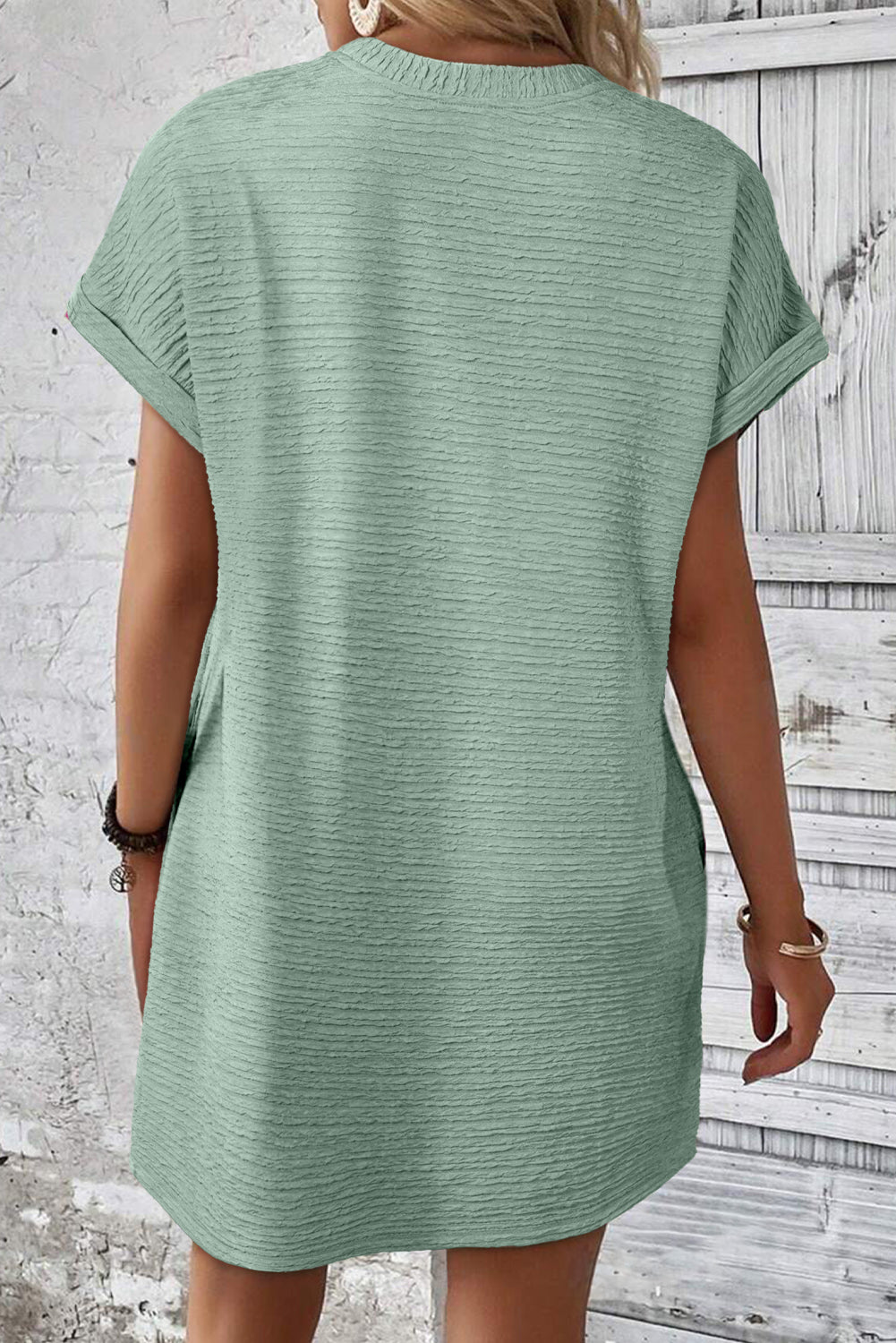 Solid Color Textured Crinkle Short Sleeve T Shirt Dress