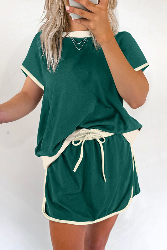 Colorblock Edge Drop Shoulder T Shirt and Skirt 2Pcs Set