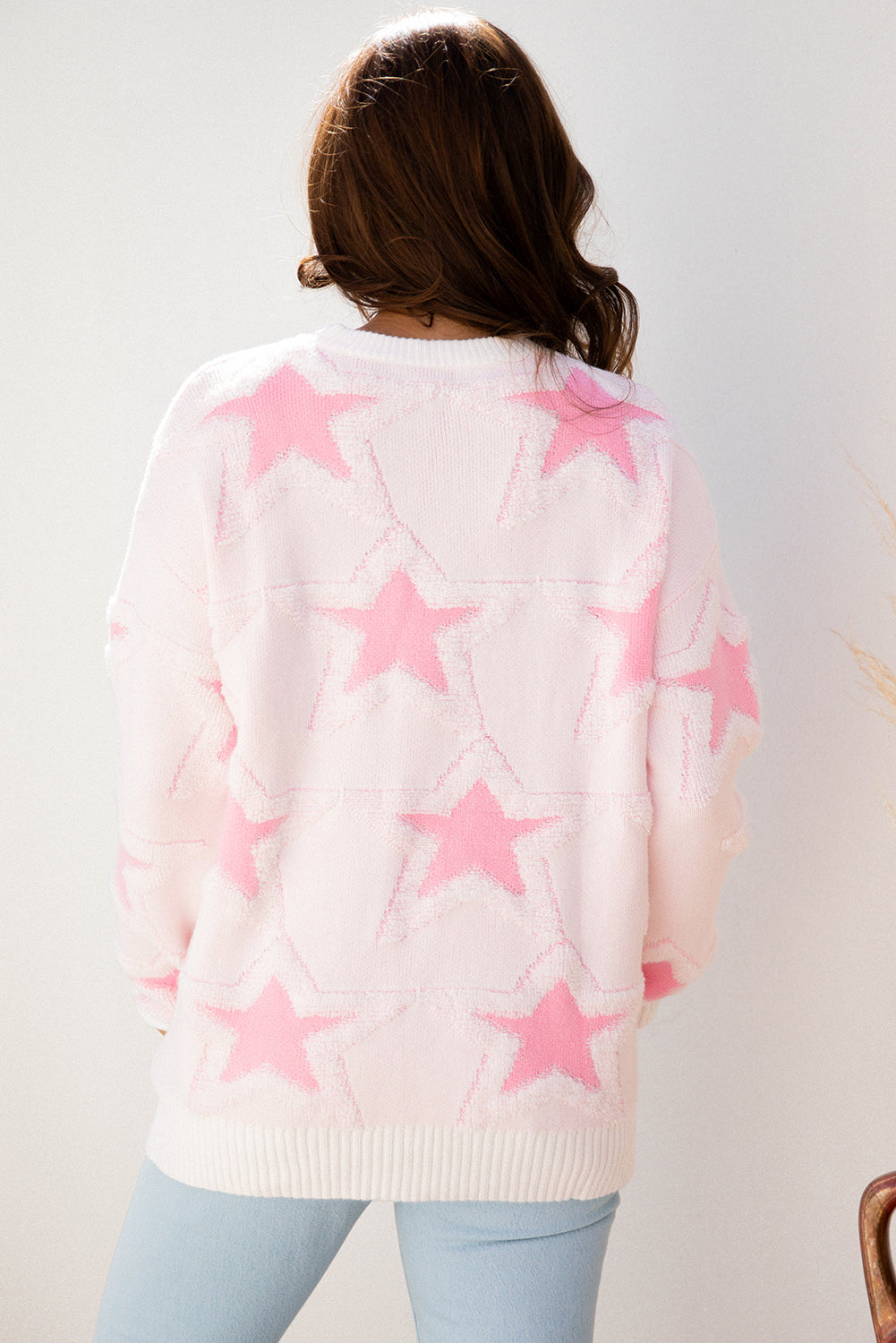 Oversized Cute Star Pattern Ribbed Edge Drop Shoulder Sweater