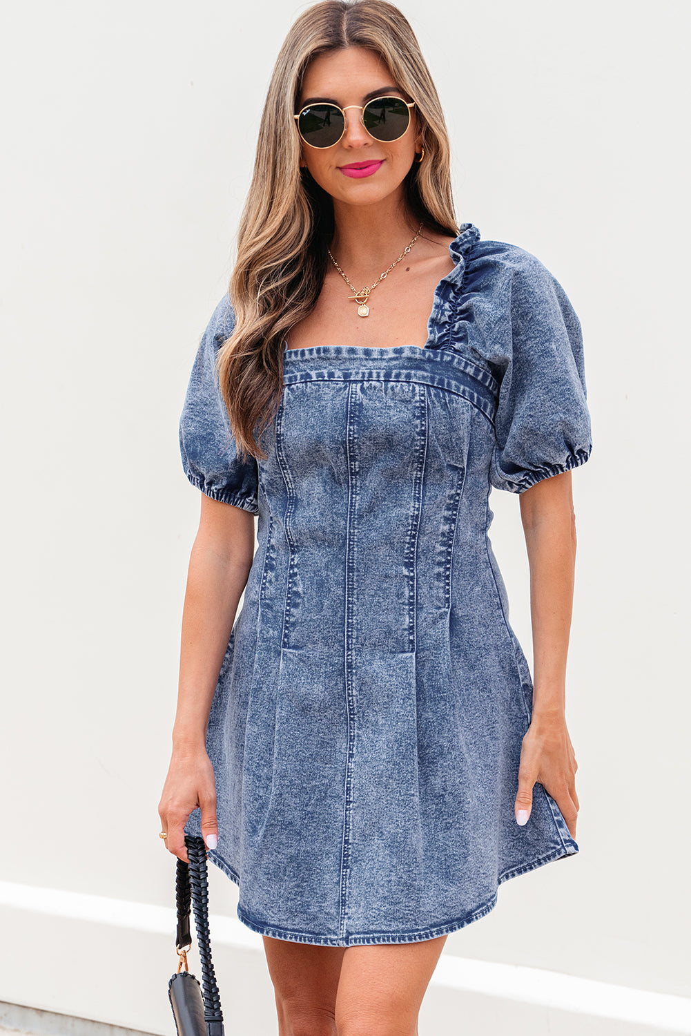 Frilly Square Neck Bustier Puff Sleeve Short Denim Dress