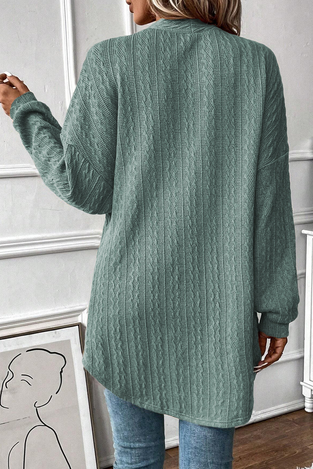 Textured Knit Side Pockets Open Front Cardigan