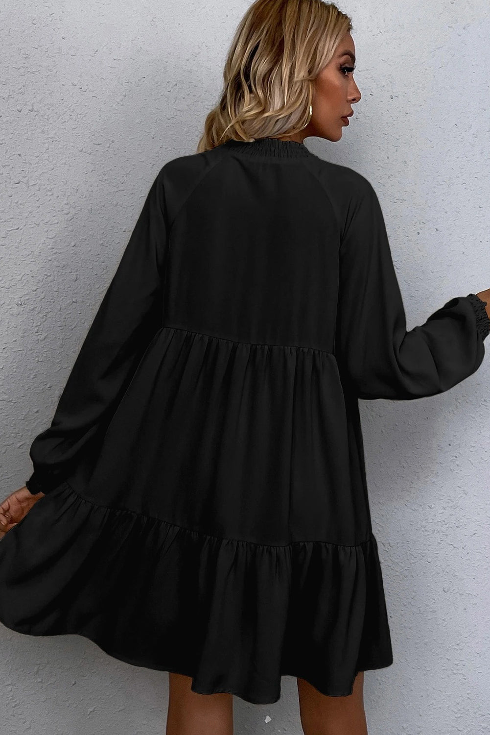 Tie Split Neck Smocked Detail Long Puff Sleeve Ruffle Hem Loose Dress